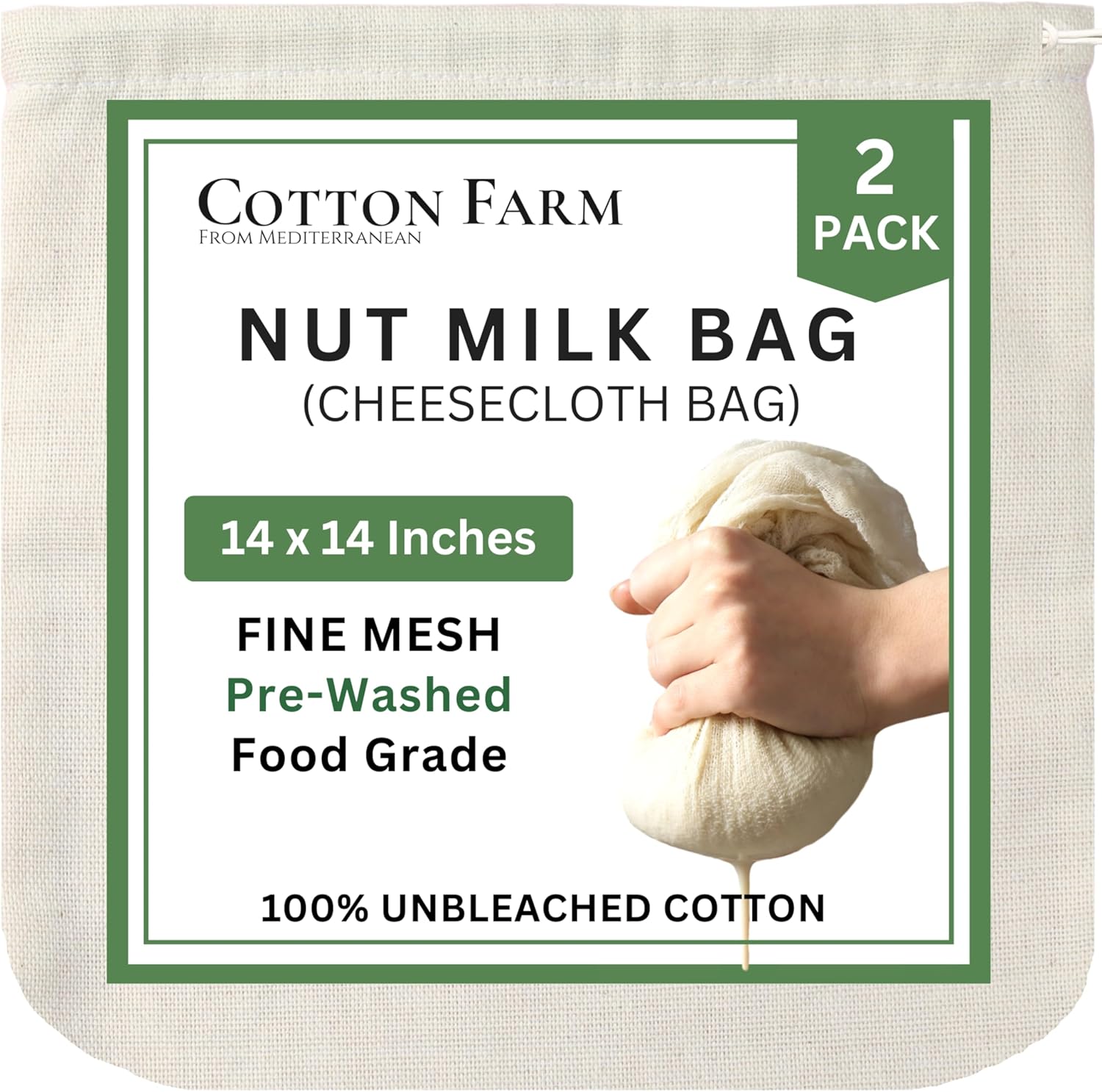Installing Cotton Farm Nut Milk Bag 14x14 Natural Beige on a wooden kitchen counter