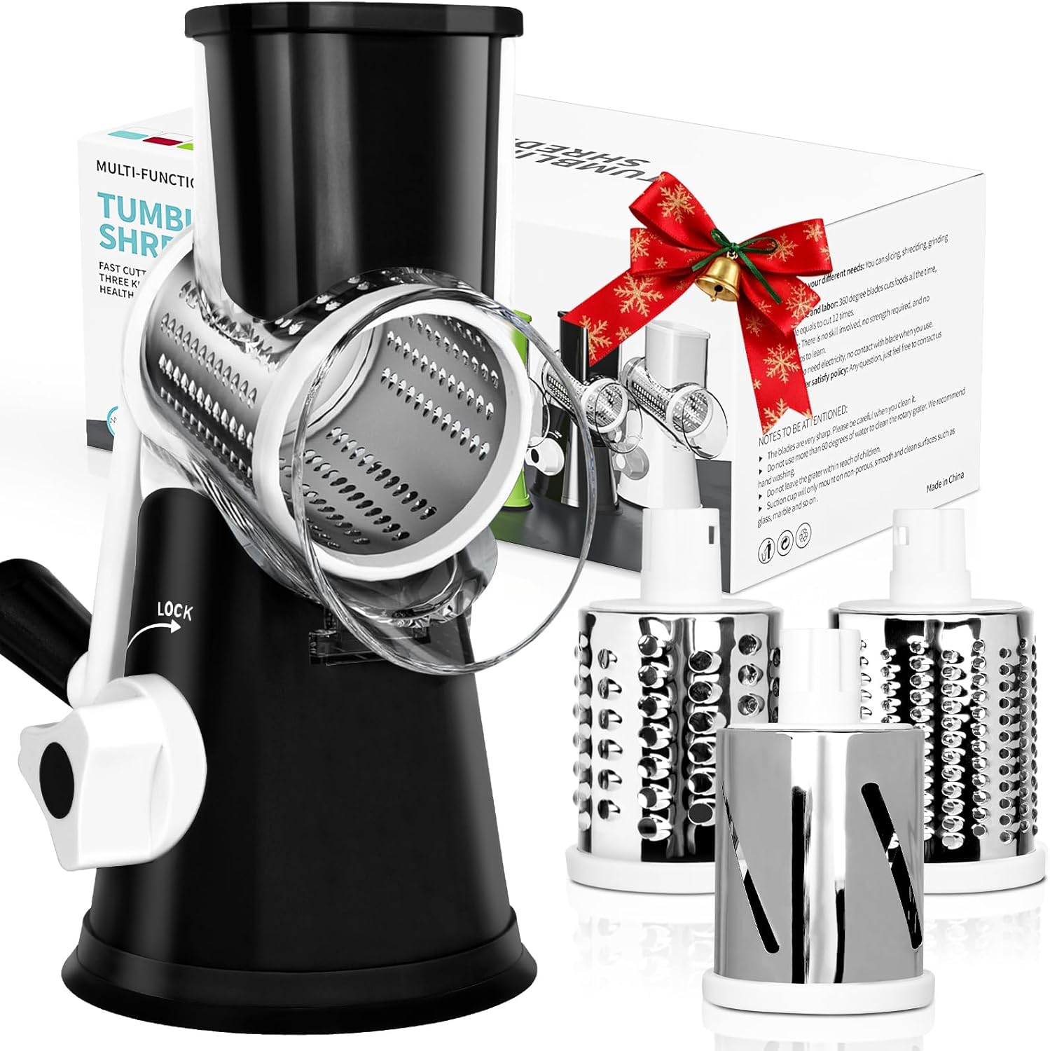 X Home cheese grater with stainless steel blades on a kitchen counter