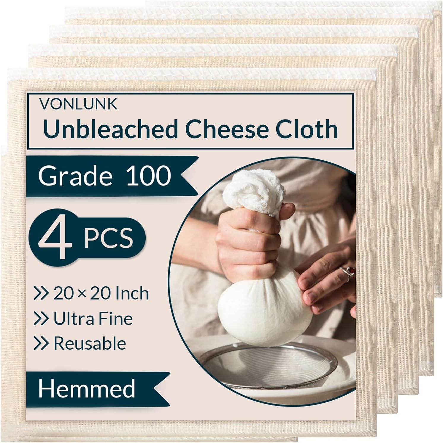 VONLUNK cheesecloth in use straining a liquid in a kitchen bowl