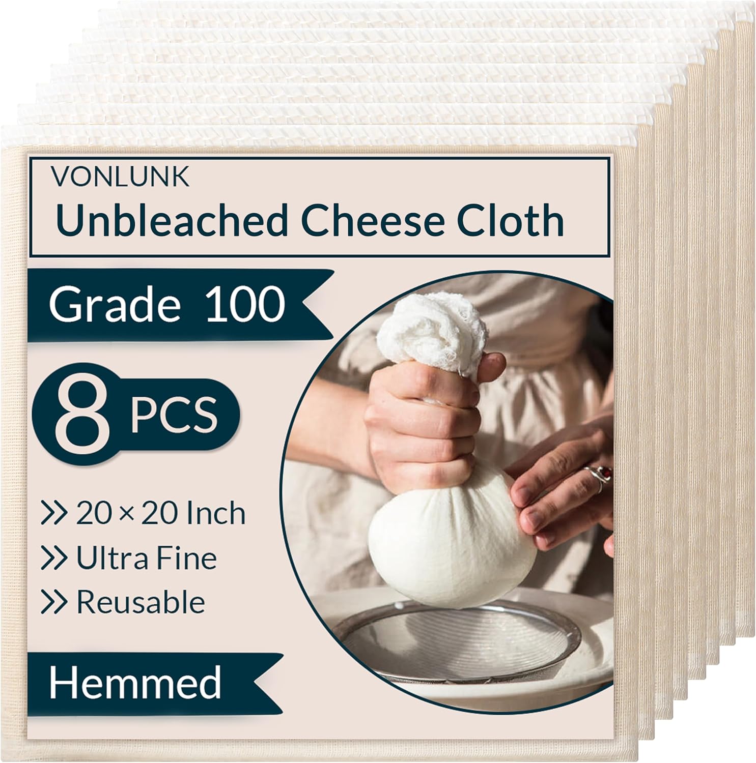 VONLUNK unbleached cotton cheesecloth laid flat on a wooden kitchen counter, showing hemmed edges and texture