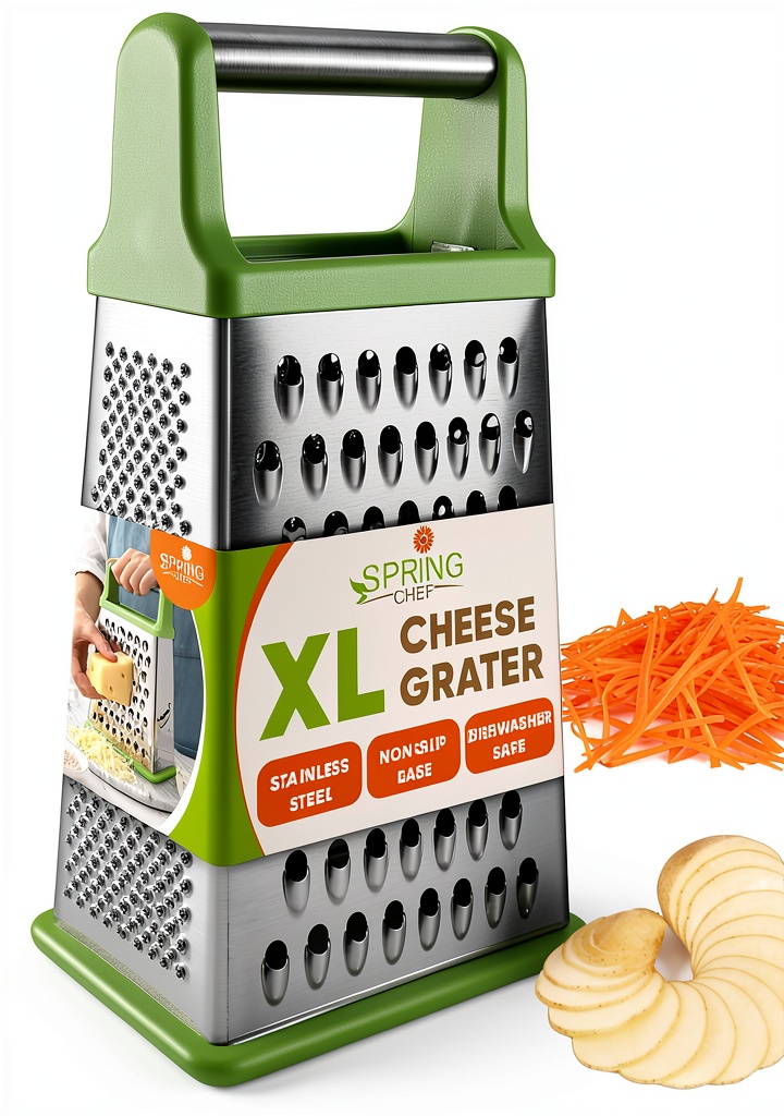 Spring Chef steel cheese grater on a modern kitchen countertop, showing its XL size and rubber base