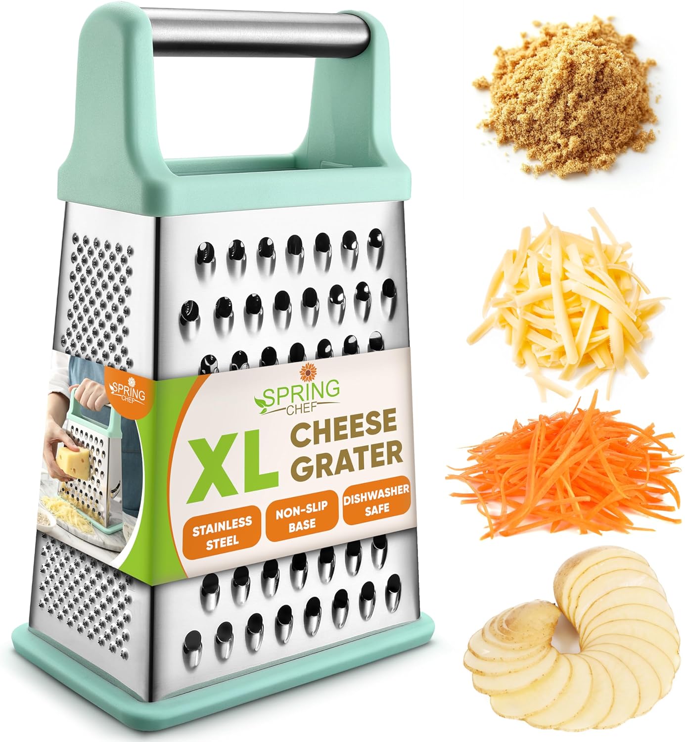 Spring Chef stainless steel cheese grater on a wooden kitchen counter