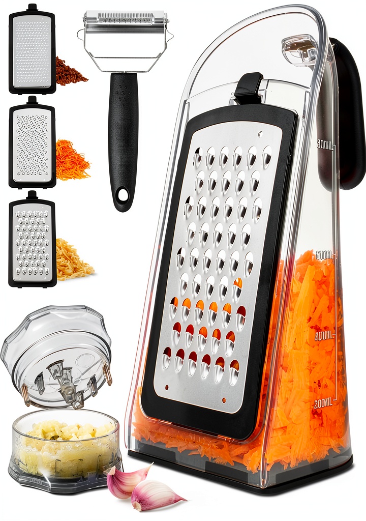 'Joined cheese grater with three grating surfaces and storage base'