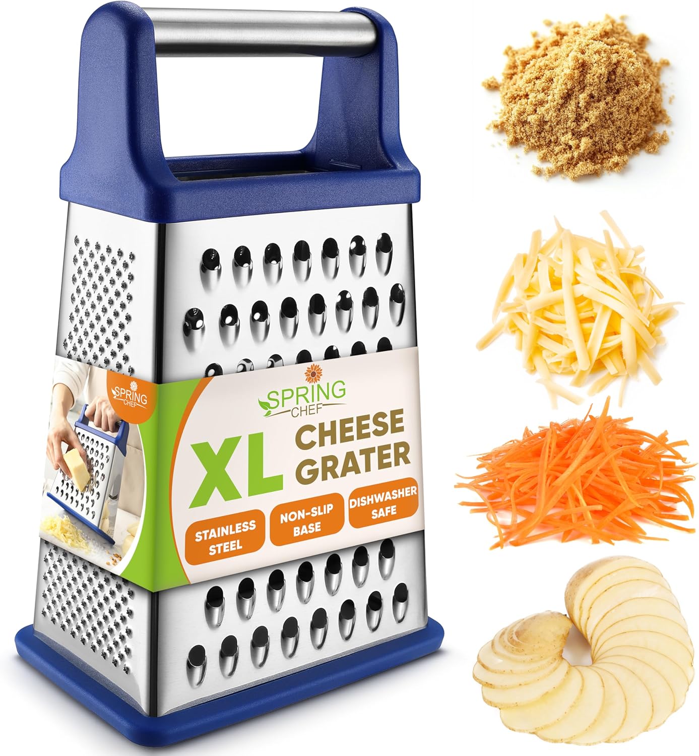 Spring Chef 4‑Sided Stainless Steel Cheese Grater being set up on a kitchen countertop