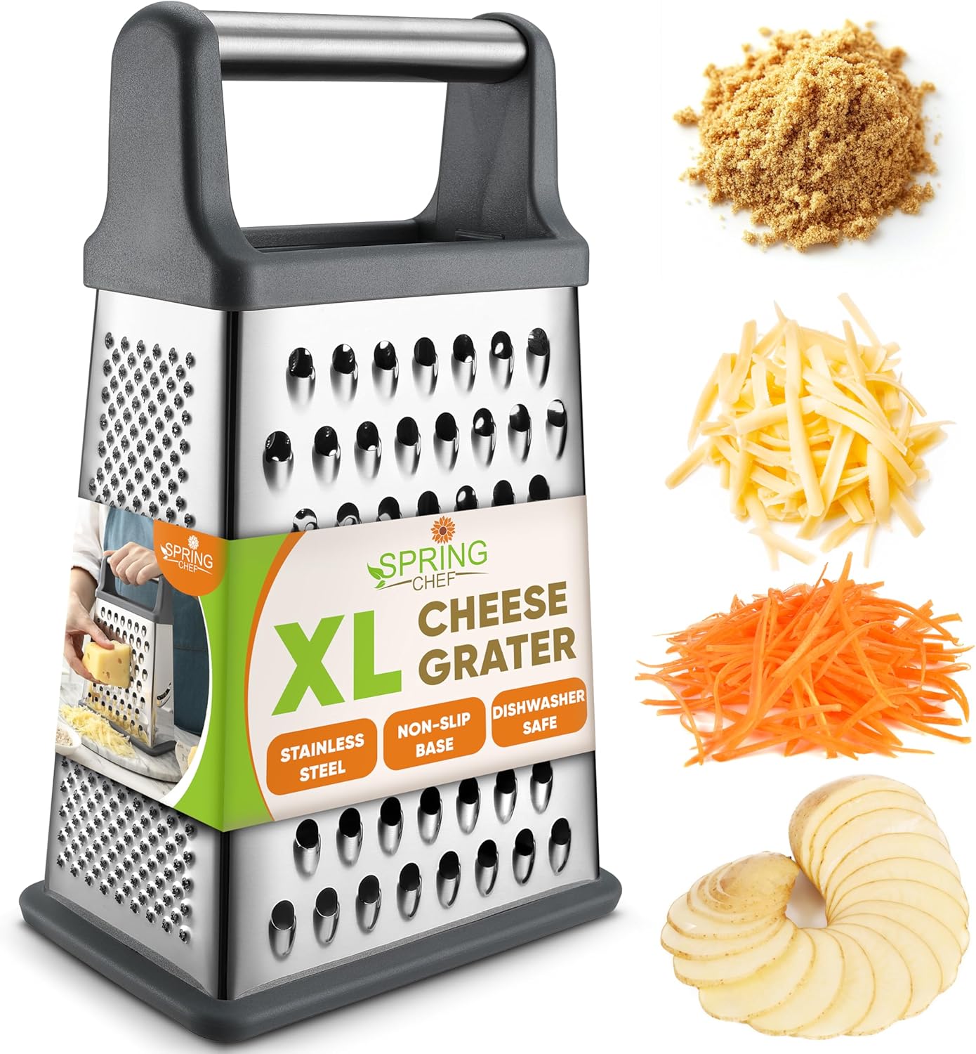 Spring Chef Stainless Cheese Grater XL Minimalist on a modern kitchen countertop showing all four sides
